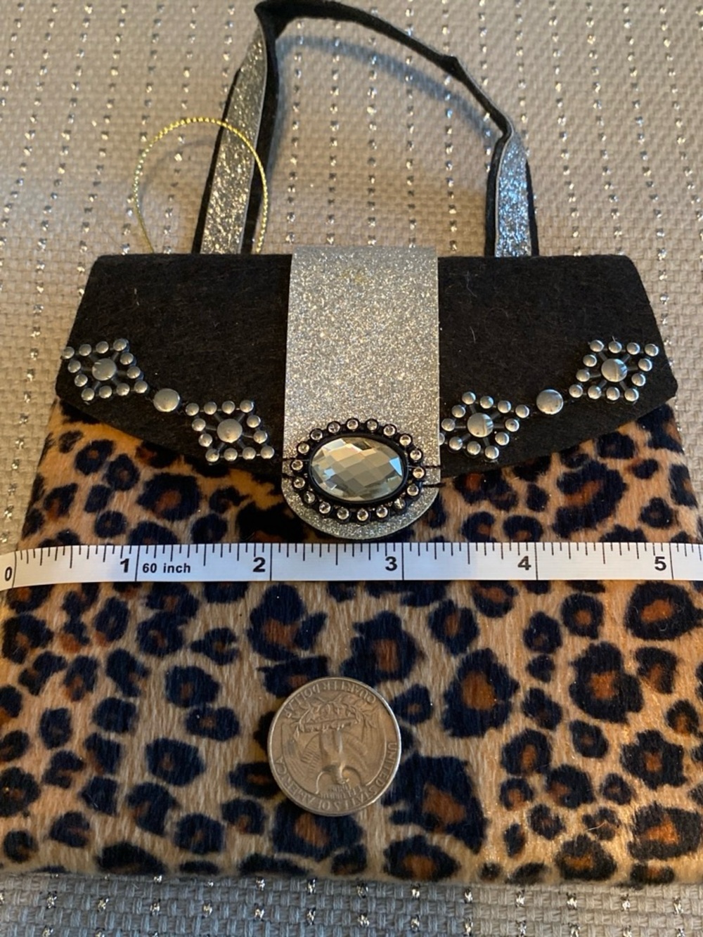 Leopard Print Accent Women's Handbag with Silver Glitter Strap